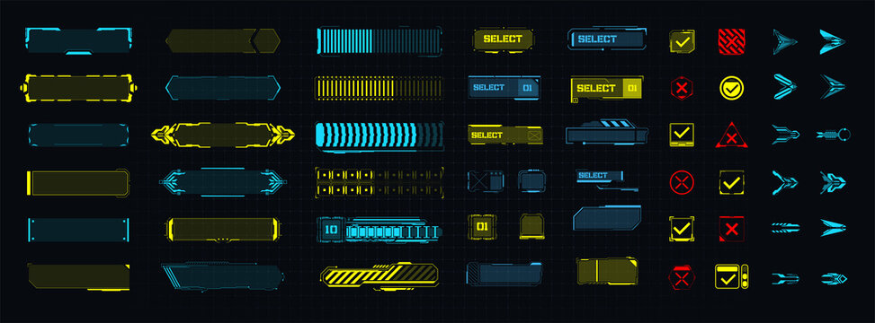 A Template Of Futuristic Elements For The Game, Button, Arrow, Loading. Modern Game Design Icons.  Digital Technology UI/UX Futuristic HUD, FUI, GUI. Screen User Interface, Control Panel For Game Apps