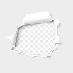 Torn paper realistic vector, hole in the sheet of paper isolated on transparent background.