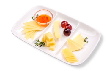 Cheese platter of four types of cheese with fruit jam and grapes. White background, white plate.