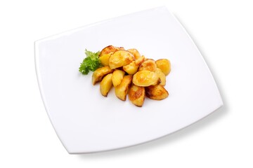 Rustic grilled potatoes. White plate and white background.