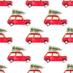 Red toy car with green fir tree repeat seamless pattern on white background. Christmas and New Year holidays celebration wrapping paper concept.