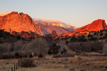Sunrise shining on the mountains at Garden of the Gods in Colorado Springs, Colorado.