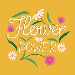 cute summer or spring lettering "Flower Power" located around the flowers and leaves, daisies and asters, can be used to print, social networks and web sites