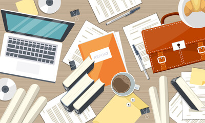 Working desk, desktop setup. Working from home or online learning concept. Top view. Flat vector illustration