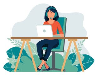 Home office concept, woman working from home, student or freelancer. Vector illustration in flat style