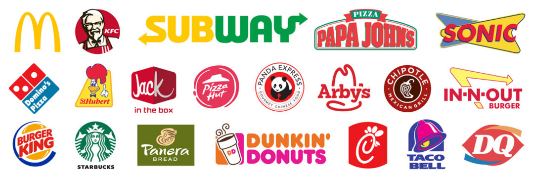 Kiev, Ukraine - May 15, 2021: Set top most popular fast food casual restaurant brands logo company: Mcdonalds, Starbucks, Domino’s pizza, Burger king, Pizza Hut, Starbucks. Editorial vector