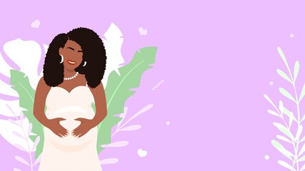Beautiful pregnant african american woman banner. Smiling poster girl in white dress and stylish hairstyle smiling holds her belly. Loving anticipation of long awaited vector baby.