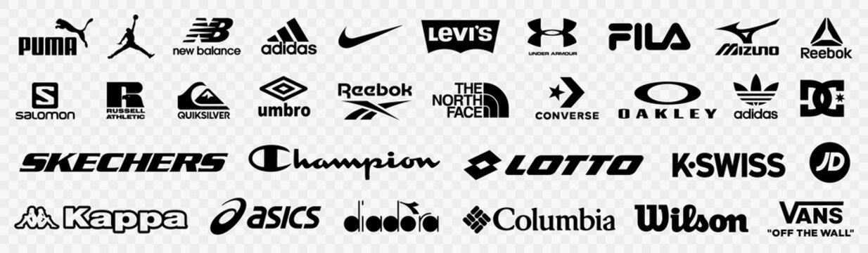 Kiev, Ukraine - May 15, 2021: Set of top popular logos sportswear brands.  Nike, Adidas, Puma, Under Armour, Kappa, Fila, Skechers, Columbia  Sportswear, Reebok, ASICS and many more. Editorial vector Stock Vector |  Adobe Stock