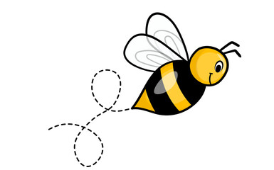 Set of cartoon bee mascot. A small bees flying on a dotted route. Wasp collection. Vector characters. Incest icon. Template design for invitation, cards. Doodle style