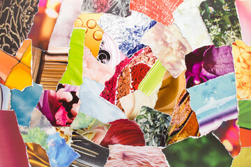 Bright collage from torn pieces of magazine paper. Abstract creative background from colorful...