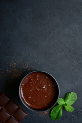 Homemade hot chocolate with mint.Top view with copy space.