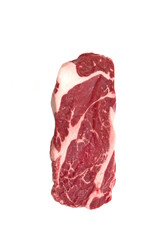 Striploin Beef Steak Isolated On White Background, Overhead View. Uncooked Prime Beef Raw Steak....