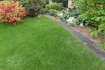 Backyard Garden Modern Design Landscaping. Landscaped Decorative Garden Winding Pathway Or Walkway...