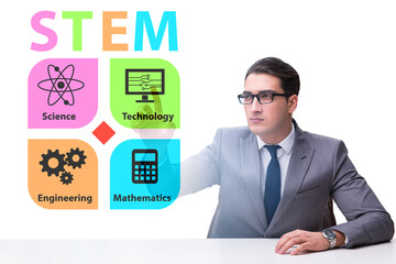 Businessman pressing virtual buttons in STEP education concept