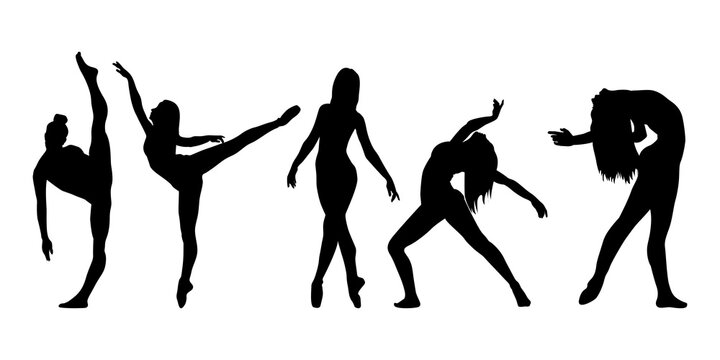 Contemporary woman dancer. Beautiful silhouettes of women ballet dancers. Flexible moves graphic symbols. 