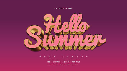 Hello Summer Text in Pink and Gold Style with 3d Embossed Effect. Editable Text Style Effect