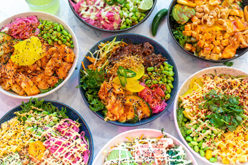 PokéBowls dishes top view, Poke bowl, plat traditional hawaïen, salad bowls meatballs green mains starter diet light dish healthy organic, Avocado Salmon, marinated salmon, pineapple, avocado, 