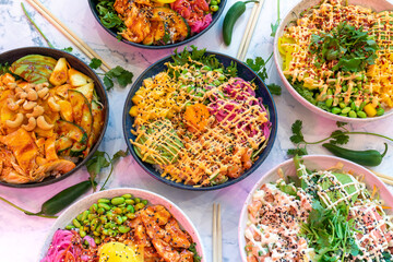 PokéBowls dishes top view, Poke bowl, plat traditional hawaïen, salad bowls meatballs green mains starter diet light dish healthy organic, Avocado Salmon, marinated salmon, pineapple, avocado, 