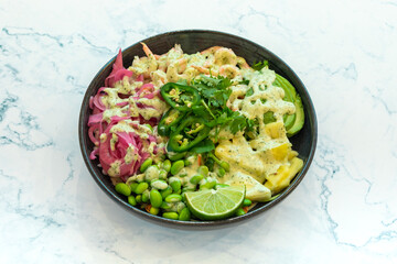 PokéBowls Spicy Ahi with Rice, Poke bowl, plat traditional hawaïen, salad bowls meatballs green mains starter diet light dish healthy organic, Avocado Salmon, marinated salmon, pineapple, avocado, 