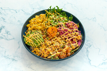 PokéBowls Spicy Ahi with Rice, Poke bowl, plat traditional hawaïen, salad bowls meatballs green mains starter diet light dish healthy organic, Avocado Salmon, marinated salmon, pineapple, avocado, 