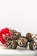 Christmas banner, isolate on white, cones and red berries are laid out on a white background. For print, postcard, design with place for text.