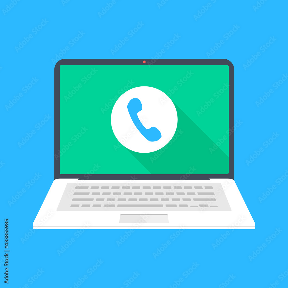 Poster laptop and call button on screen. make phone calls from computer concepts. modern flat design graphi