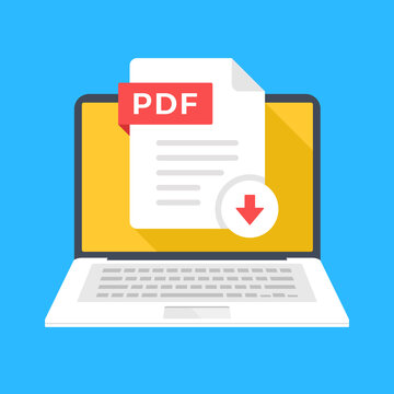 Download PDF document. PDF file on laptop screen. Downloading computer file concepts. Modern flat design graphic elements. Vector illustration