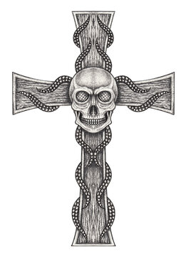 Surreal skull cross tattoo. Hand drawing on paper.