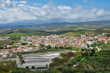 Fototapeta premium View of La Malahá, a municipality in the province of Granada (Spain), with its famous salines in the foreground, exploited since the time of Roman domination