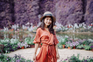 beautiful woman in colorful beautiful flowers.
