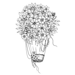 Hand drawn sketch black and white coloring page of vintage hot air balloon, flowers. Vector illustration. Engraved style.