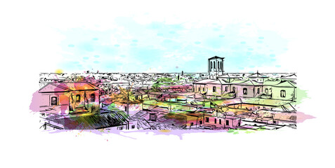 Building view with landmark of Ferrara is a city in Italy. Watercolor splash with hand drawn sketch illustration in vector.