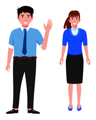 Young happy businessman and businesswoman character wearing beautiful outfit standing posing waving with distance