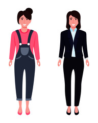 Young happy businesswoman character swearing beautiful outfit standing posing with distance isolated