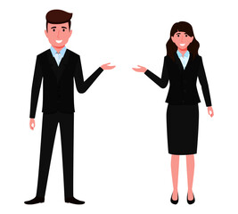 Obraz premium Young happy businessman and businesswoman character wearing beautiful outfit standing posing waving with distance colorful with cheerful expressing and pointing