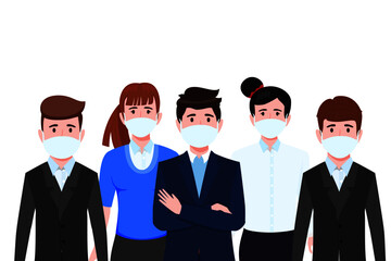 Young happy businessman and businesswoman character team wearing beautiful outfits and facial mask standing and posing colorful isolated