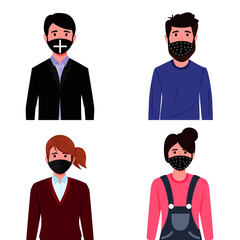 Young happy businessman and businesswoman character avatar wearing beautiful colorful outfits and facial mask isolated and posing