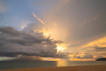 rain cloud at sunset over sea water. Evening landscape with sun over sea water.
panorama rain cloud...