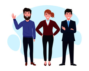 Young happy businessman and businesswoman character team wearing beautiful outfit standing and posing colorful waving