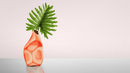 Vase with single tropical leaf in coral color vase isolated on white. Summer concept minimal with copy space