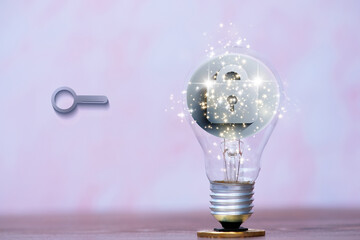 Light bulb with key success, cyber security concept, data protection, secured access to user...