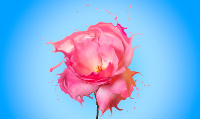 beautiful liquefied pink rose with pink splash on light blue background
