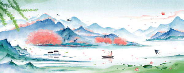 Outdoor scenery full of flowers.Oriental ink painting，green Mountain ink illustration