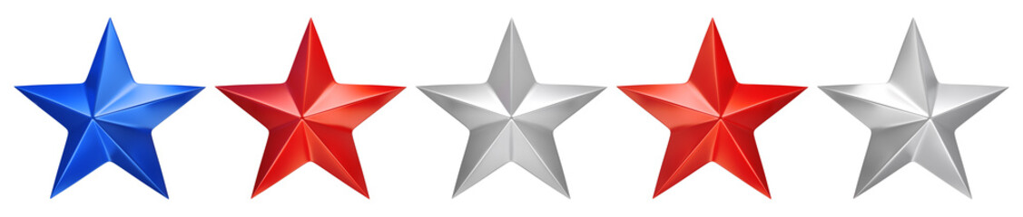 Stars in the colors of the USA, red, white, and blue. Isolated on white. 3D render.