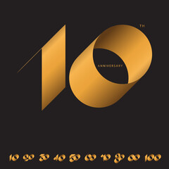 Set of calligraphy handwriting celebrating, anniversary of number 10-100th year anniversary, Luxury duo tone gold brown for invitation card, backdrop, label or stationary.
