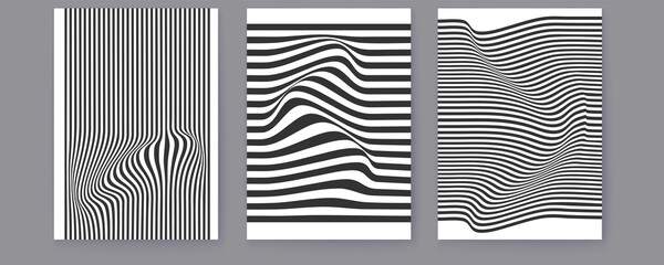 Set of layouts with black and white wavy lines. Halftone pattern. Abstract background. Twisted duotone shapes. Vector minimalistic design template