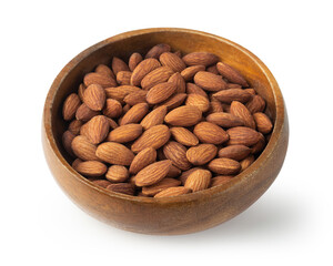 Almonds in wooden bowl isolated on white background with clipping path.