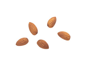 Almonds falling isolated on white background with clipping path.