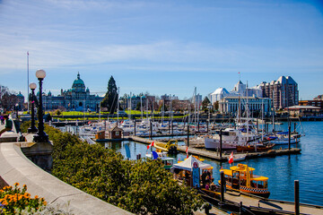 View of Victoria Inner Harbour and British Columbia Provincial Parliament Building,March 2016: Vancouver Island, BC, CANADA, - obrazy, fototapety, plakaty