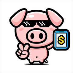 vector design of cute and cool cartoon pig animal holding a handphone